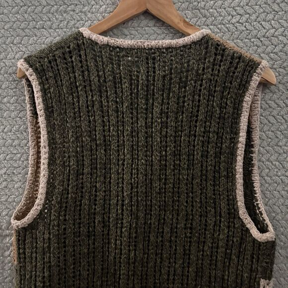 Vtg IVY Hand Knit Patchwork Sweater Vest Earthy Green Tan Crochet Cottagecore M - Picture 9 of 10